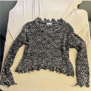 Women's Black and White Fringed Sweater